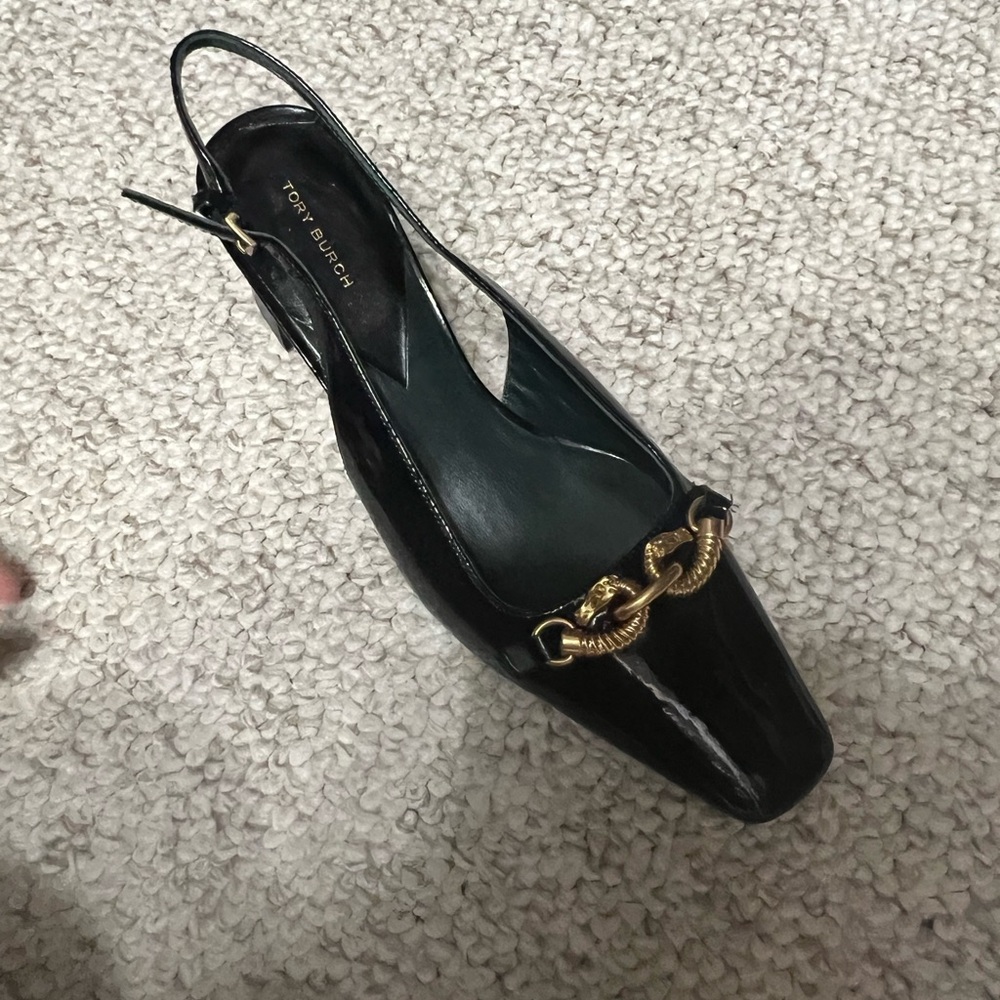 Tory Burch Jessa Slingback Black Heels with Gold Chain Detail, 9